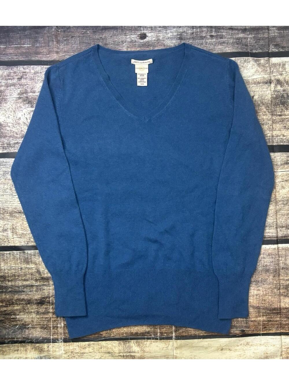 VTG Covington Sweater Womens Medium Cashmere V-Neck Pullover Blue